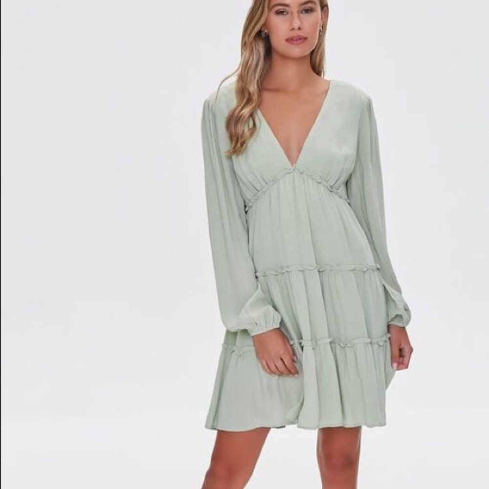 FOREVER 21 NWT RUFFLE-TRIM MINI DRESS IN SAGE GREEN